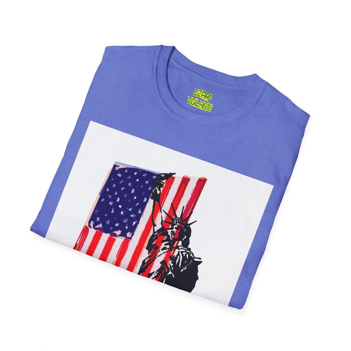 American Flag With Statue of Liberty Graphic Unisex Softstyle T-Shirt - Lizard Vigilante