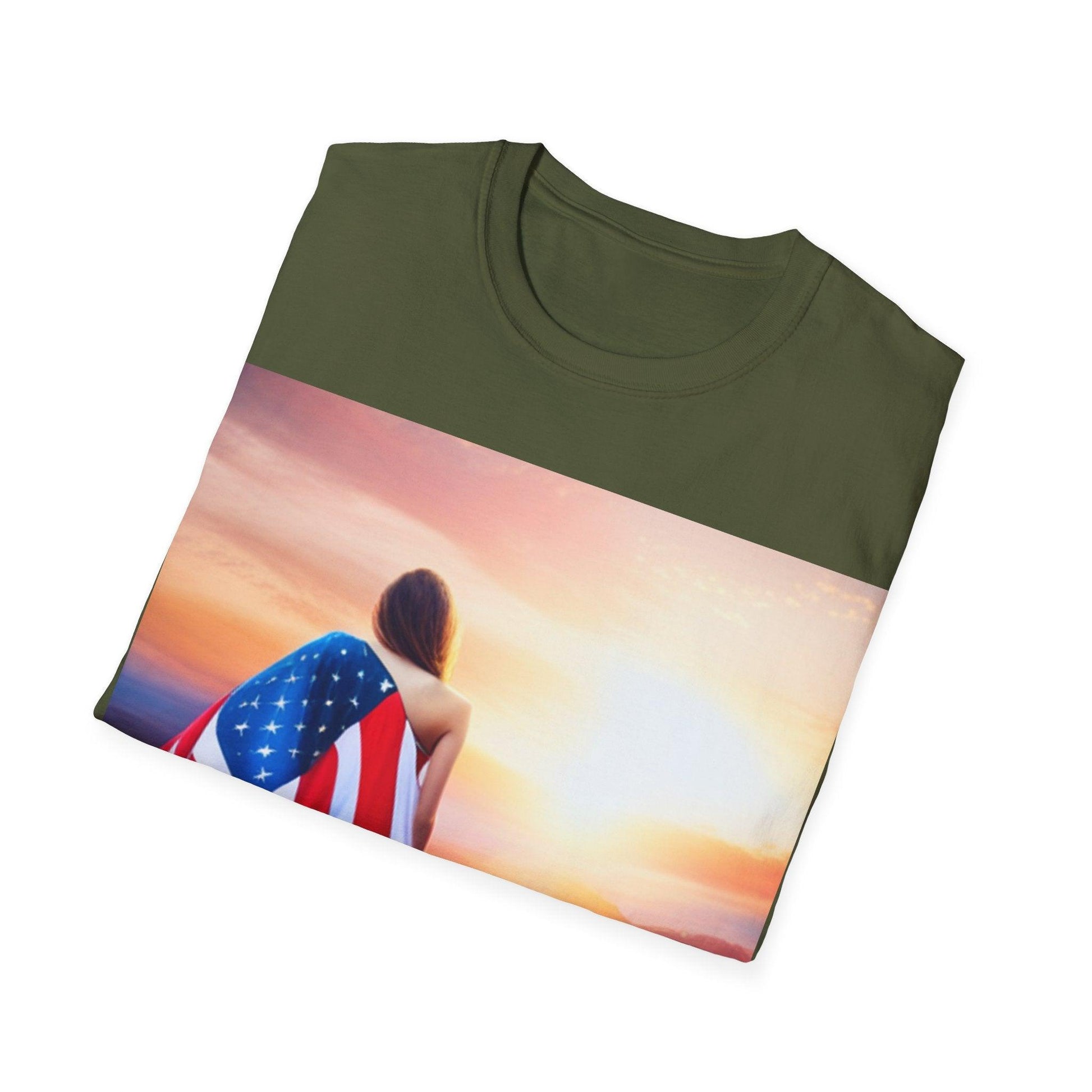 American Woman! Patriot Draped Red, White, and Blue Flag Over Shoulder Looking at Beautiful Horizon Unisex Softstyle T-Shirt - Lizard Vigilante