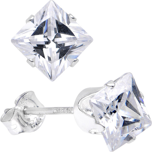 Clear 925 Sterling Silver 5mm Cubic Zirconia Square Stud Earrings
