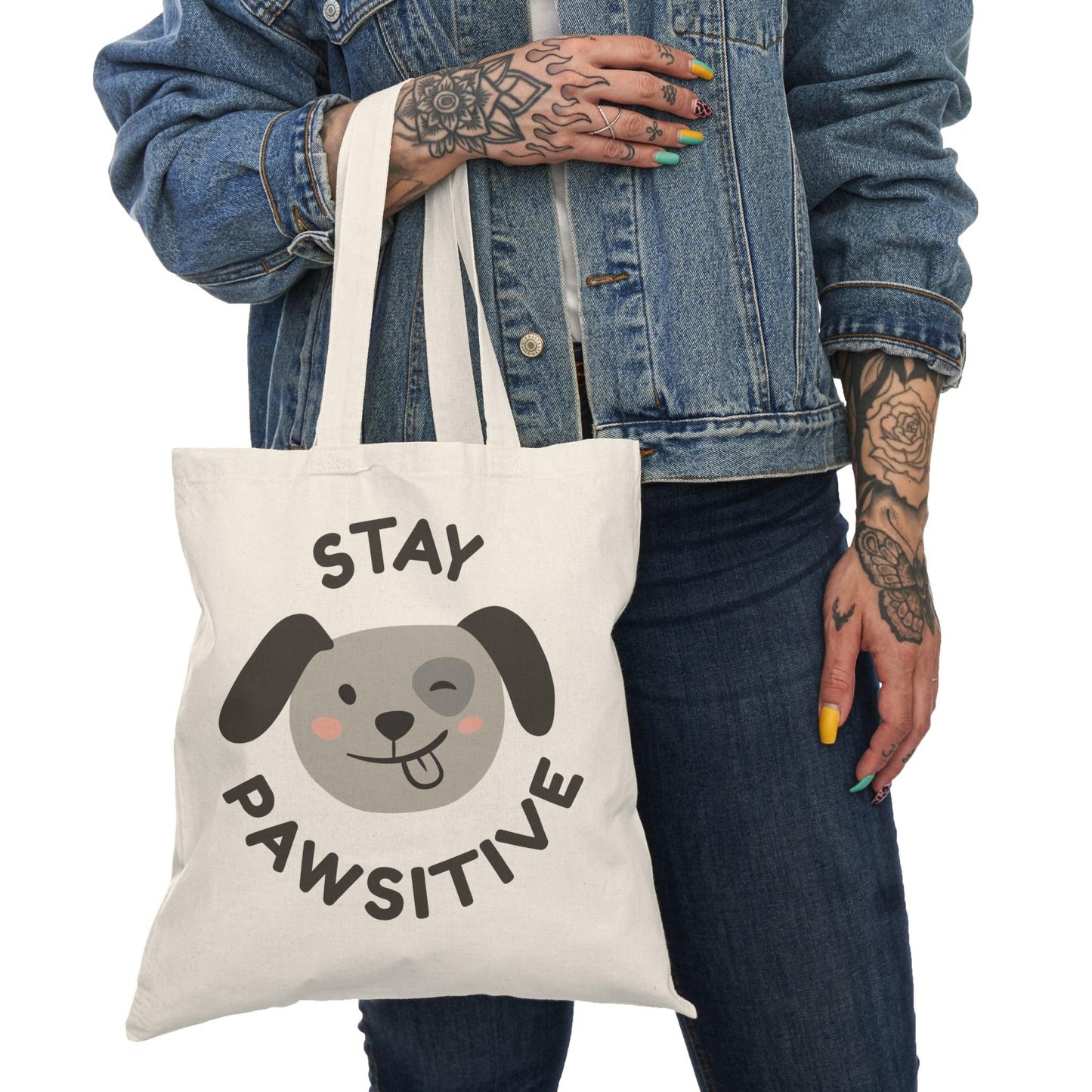 Stay Pawsitive Natural Tote Bag with Funny Dog Graphic - Lizard Vigilante