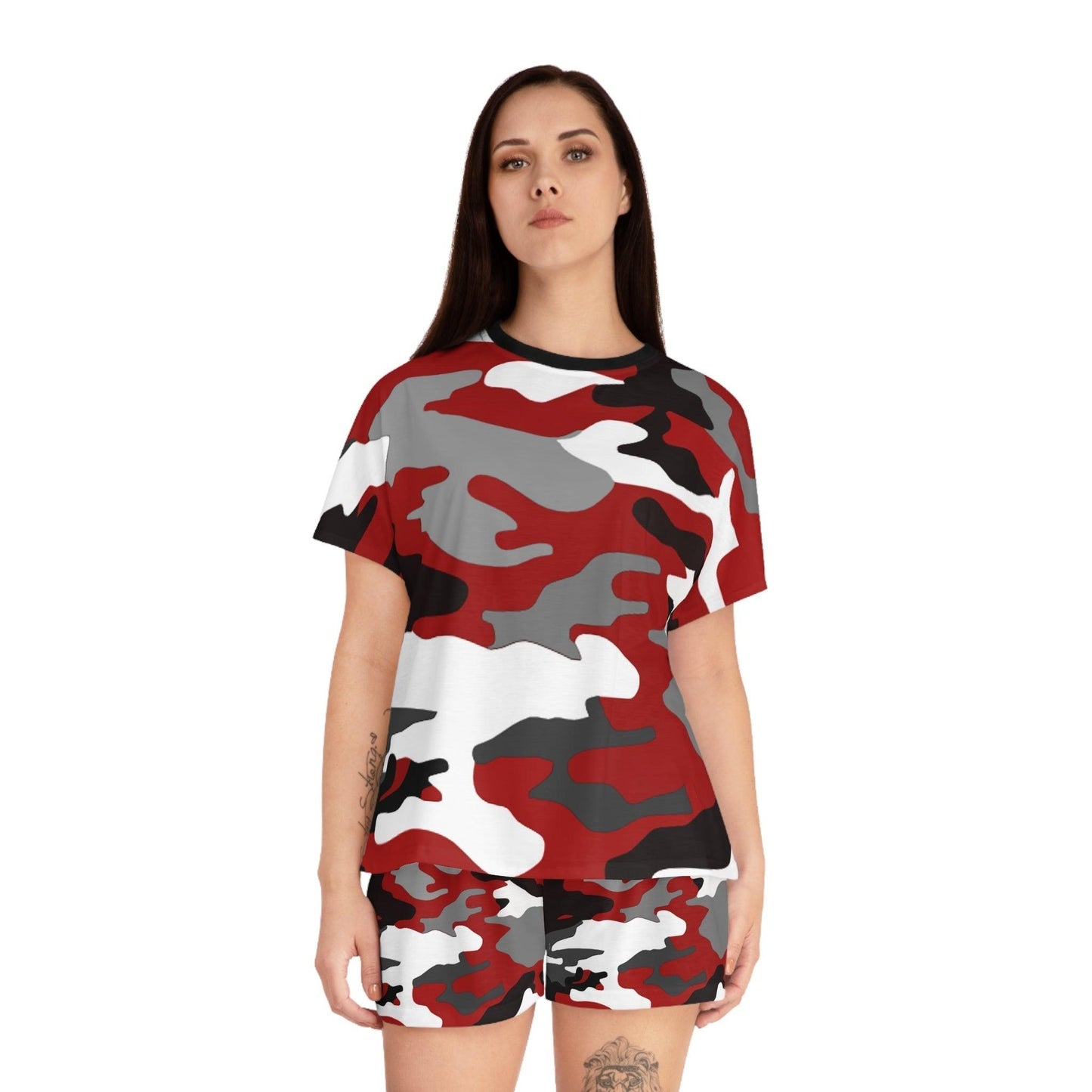 Red Black White Grey Camouflage Women's Short Pajama Set - Lizard Vigilante