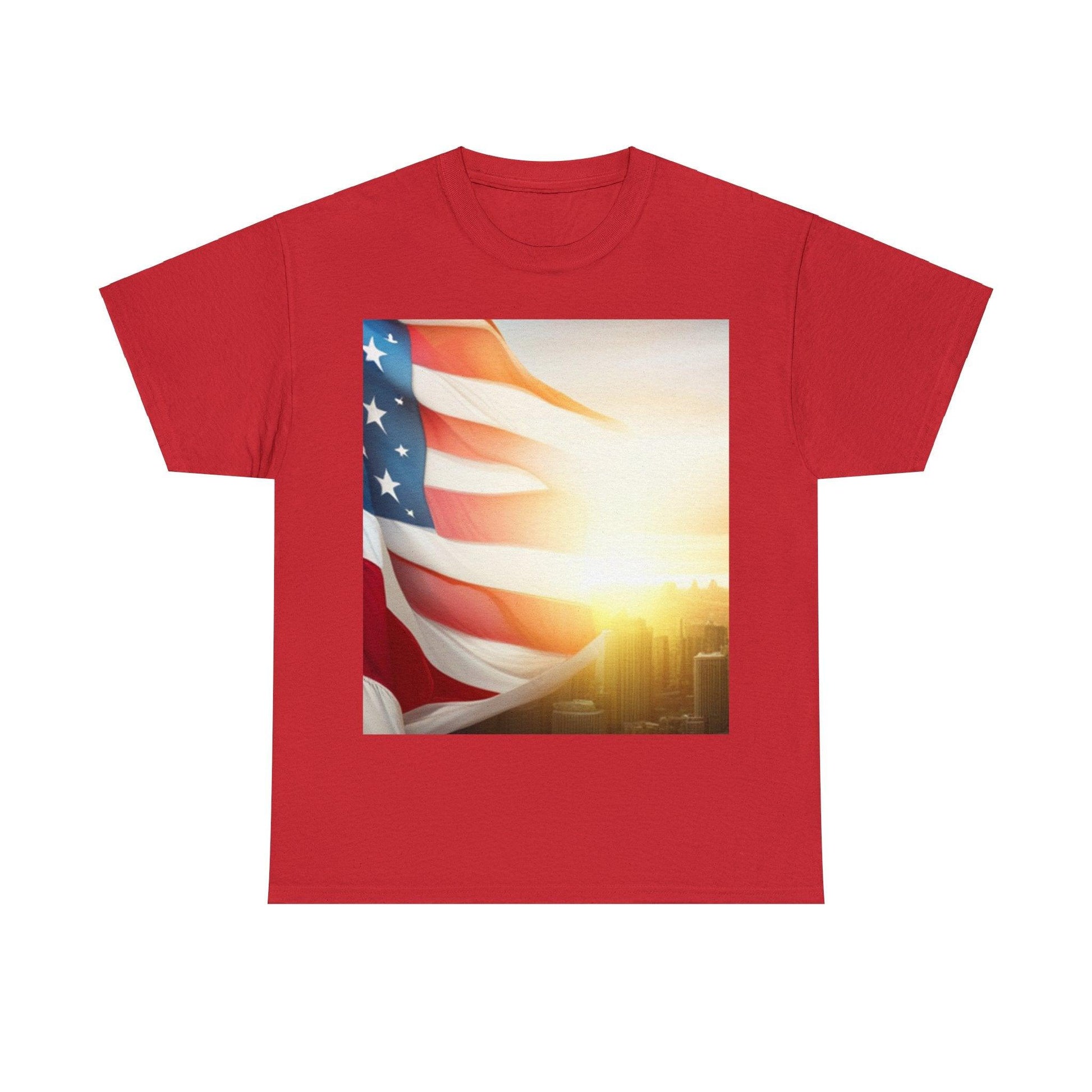 Patriot American Flag Over Gotham Unisex Heavy Cotton Tee / Red, White, and Blue Old Glory Sun T-Shirt - Lizard Vigilante