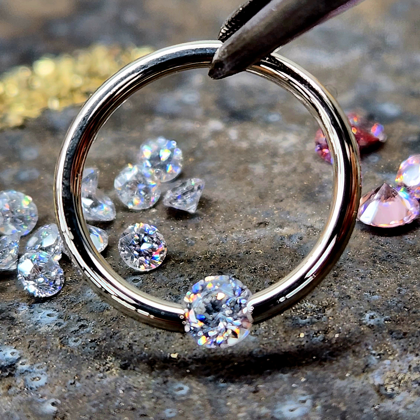 16G 3/8 Solid 14k Yellow Gold 3mm Clear Cubic Zirconia Tension Captive Ring