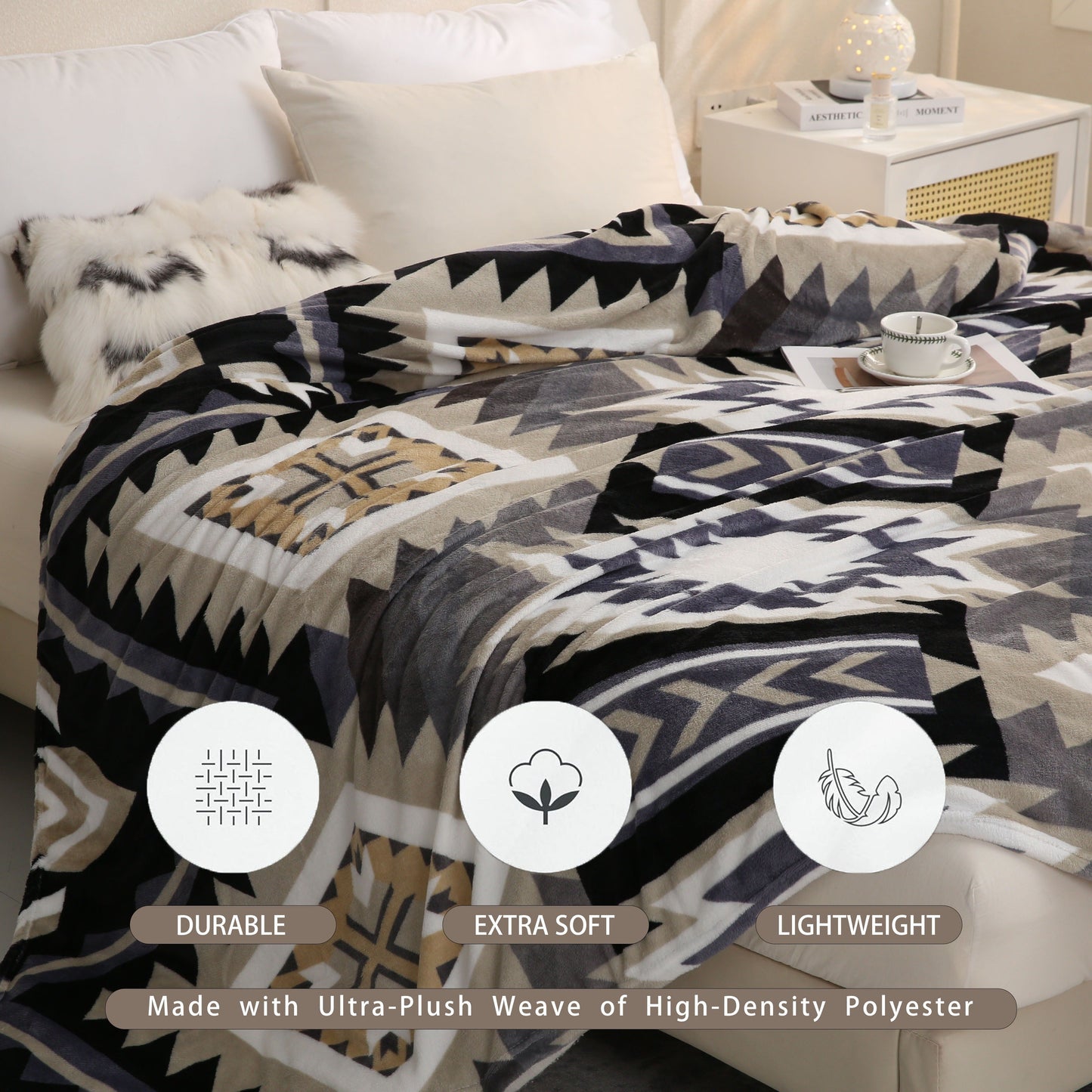 1pc Southwest Native American Flannel Polyester Throw Double-side Printed Blanket, Aztec Geometry Pattern Travel Couch Bed Blanket Plush Soft Lightweight Blanket For All Season