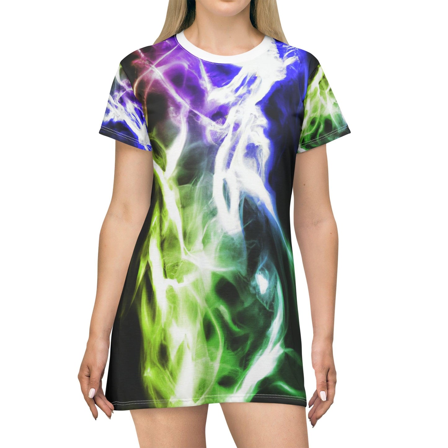 Smoke Show Neon Purple & Green T-Shirt Dress (AOP) Designed by Evets! for Lizard Vigilante - Lizard Vigilante