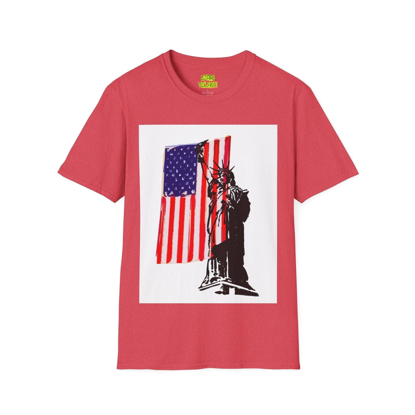 American Flag With Statue of Liberty Graphic Unisex Softstyle T-Shirt - Lizard Vigilante