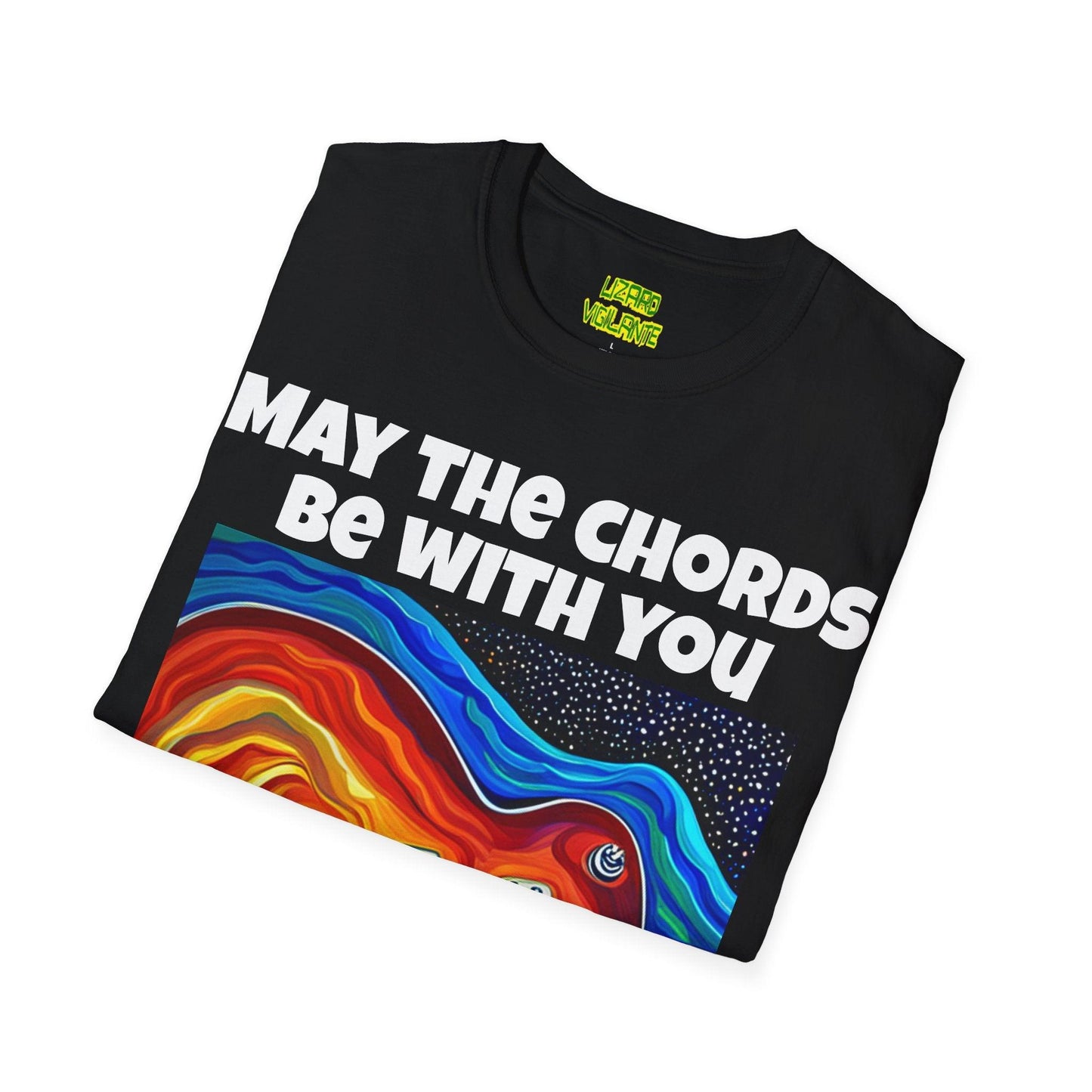 May The Chords Be With You Unisex Softstyle T-Shirt With Psychedelic Guitar Graphic - Lizard Vigilante