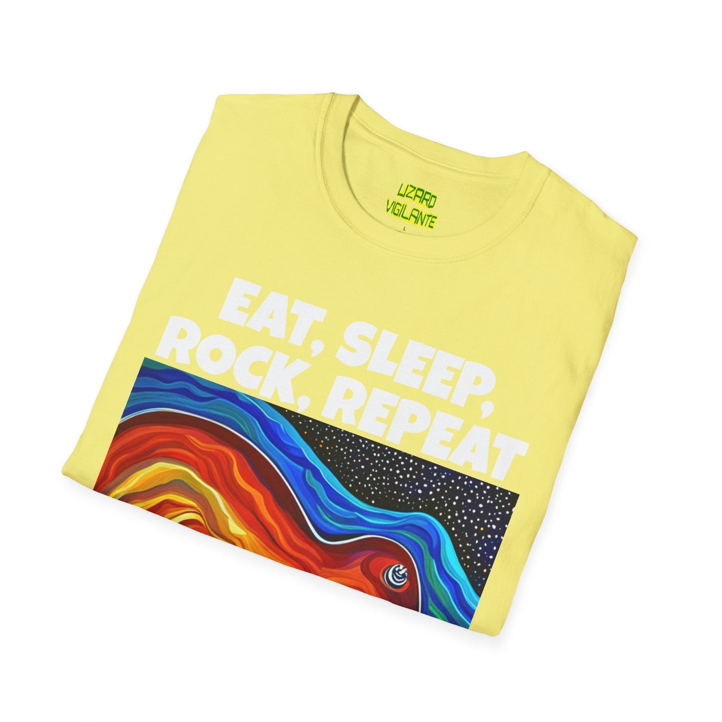 Eat, Sleep, Rock, Repeat with Cool Guitar Graphic Unisex Softstyle T-Shirt - Lizard Vigilante