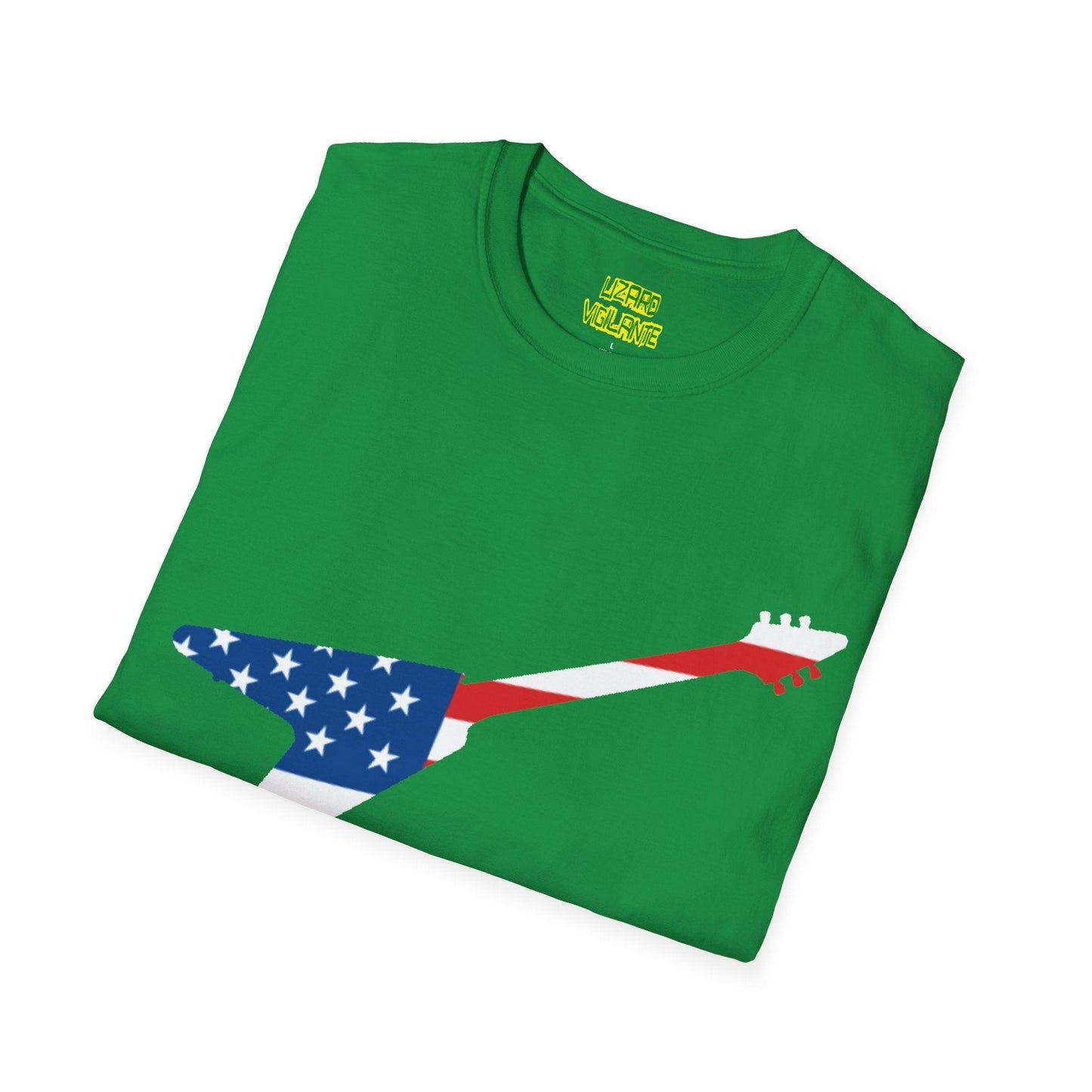 American Flag Colored Flying V Electric Guitar Unisex Softstyle T-Shirt - Lizard Vigilante