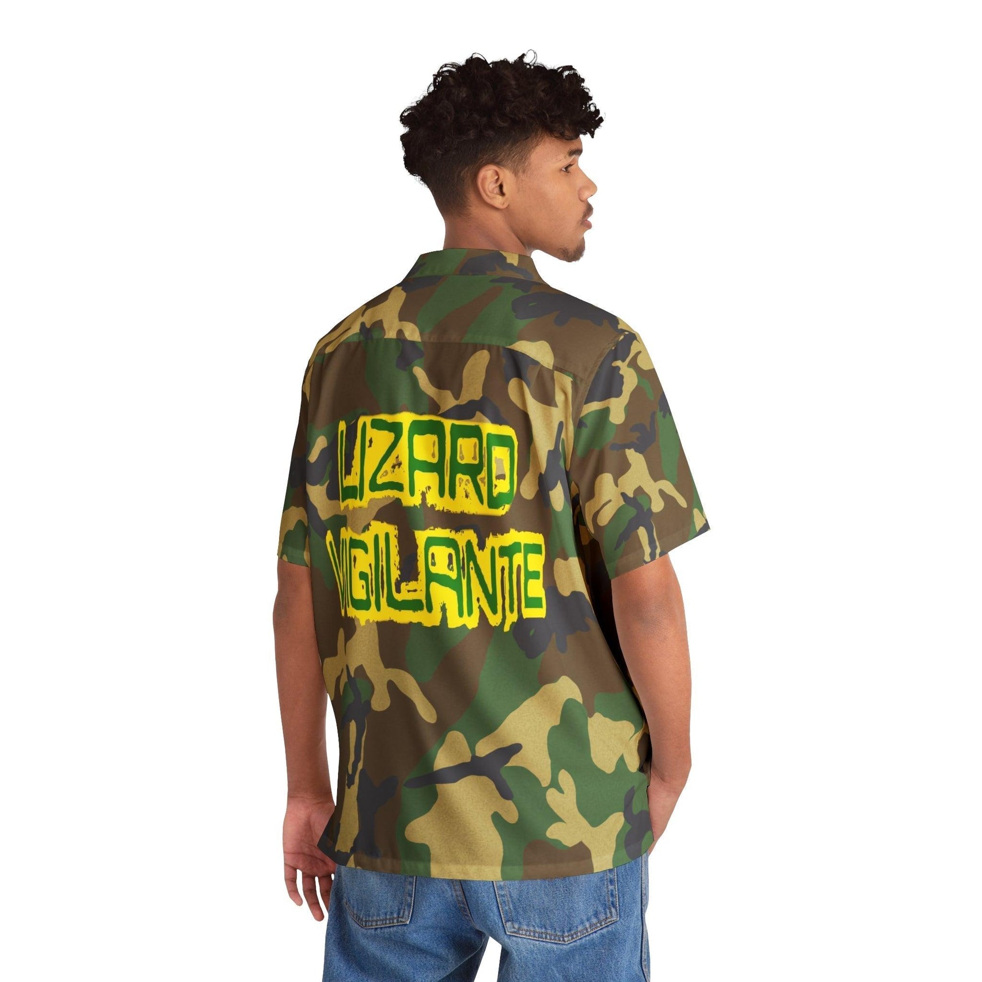 Lizard Vigilante Logoo Men's Green Camouflage Hawaiian Shirt - Lizard Vigilante