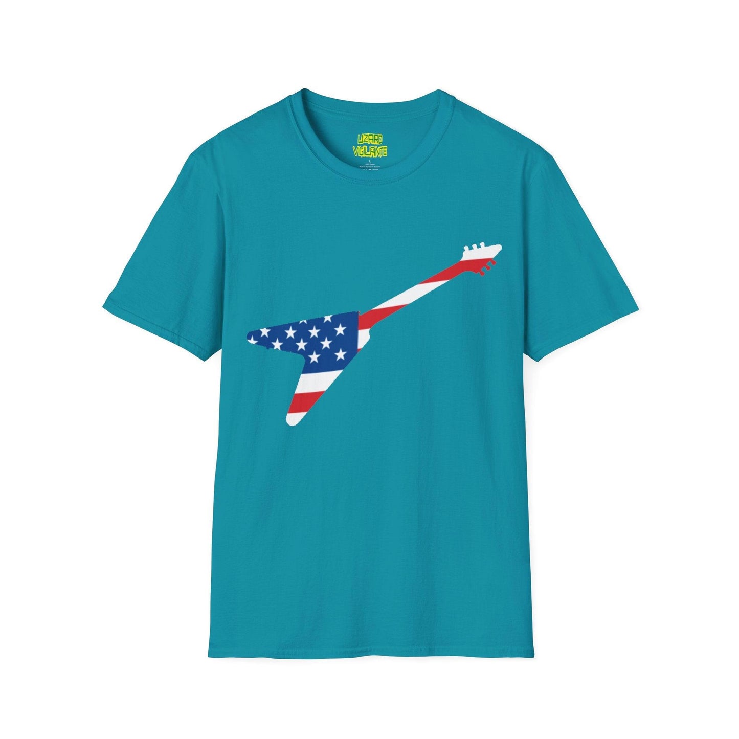 American Flag Colored Flying V Electric Guitar Unisex Softstyle T-Shirt - Lizard Vigilante