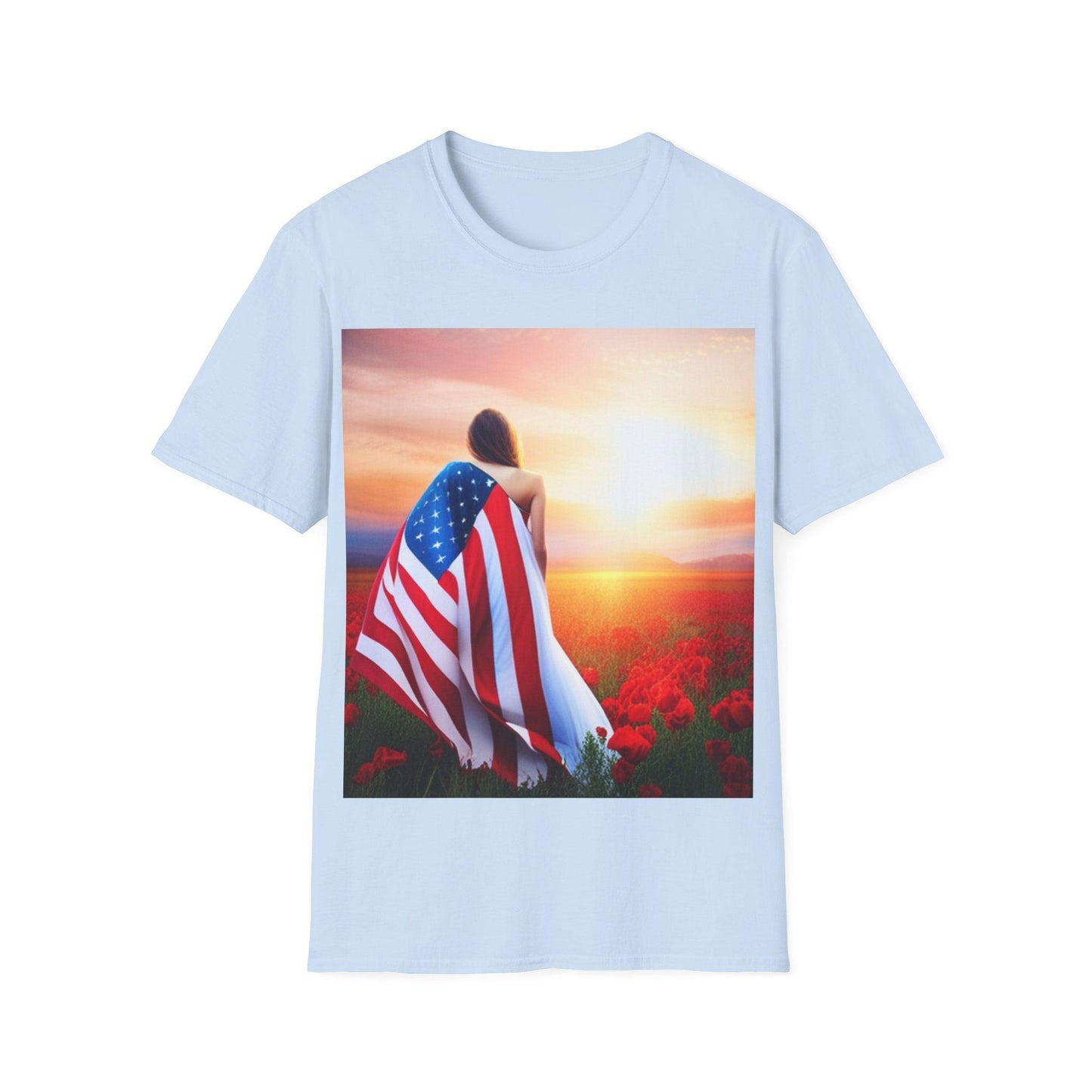 American Woman! Patriot Draped Red, White, and Blue Flag Over Shoulder Looking at Beautiful Horizon Unisex Softstyle T-Shirt - Lizard Vigilante