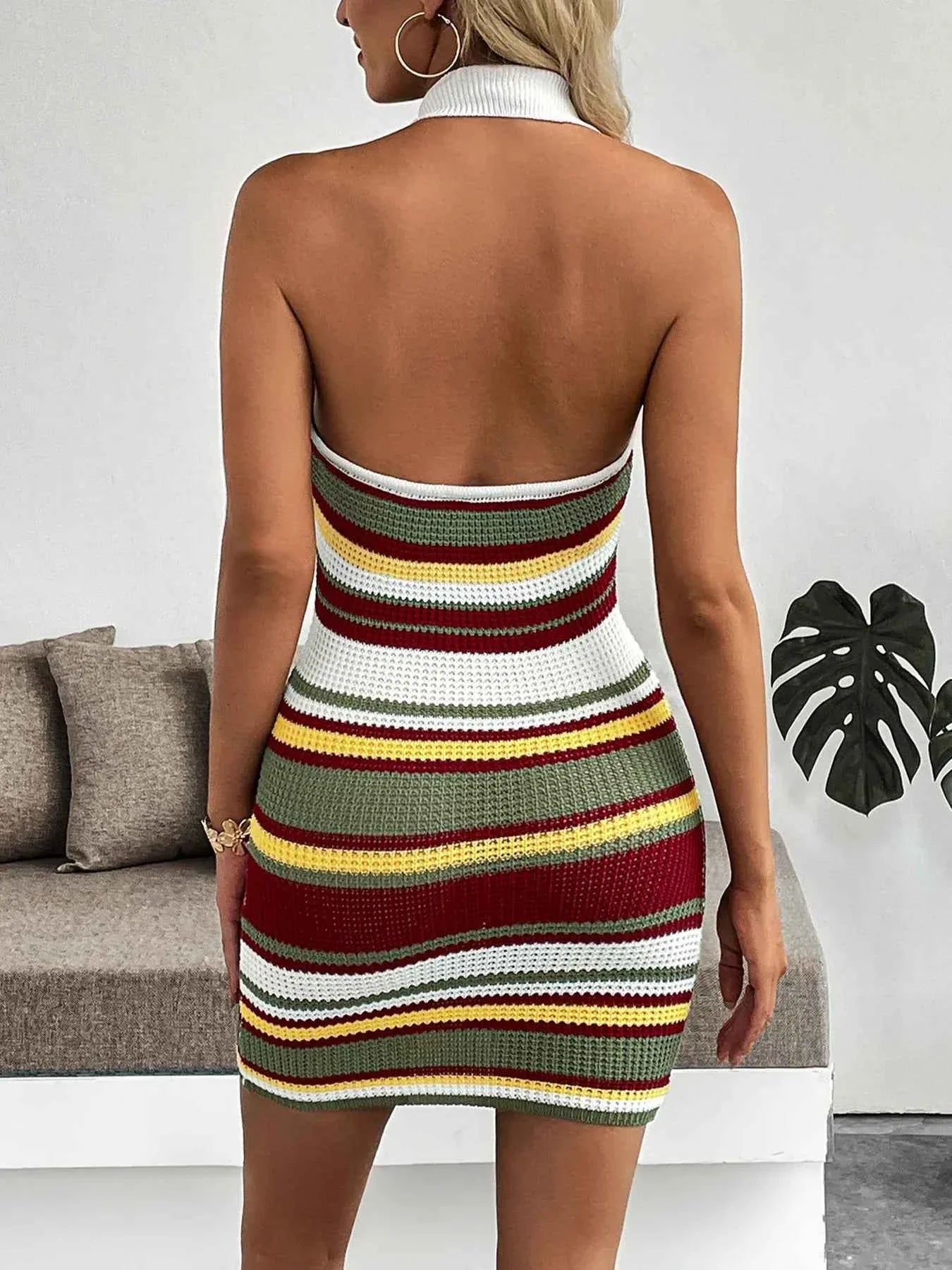 Multi-Color Striped Halter Neck : Knit Sweater Dress