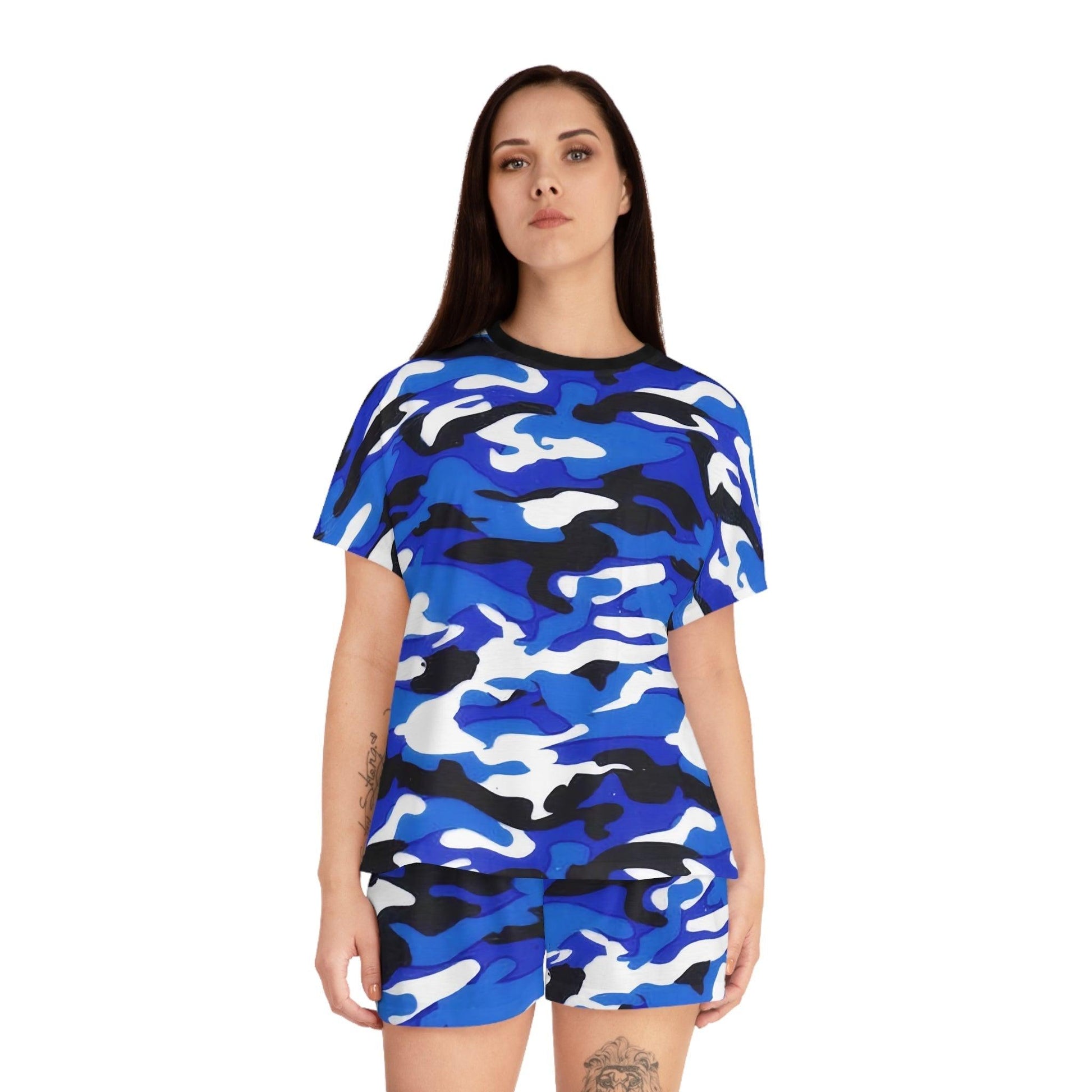 Blue Black Grey White Camouflage Women's Short Pajama Set - Lizard Vigilante