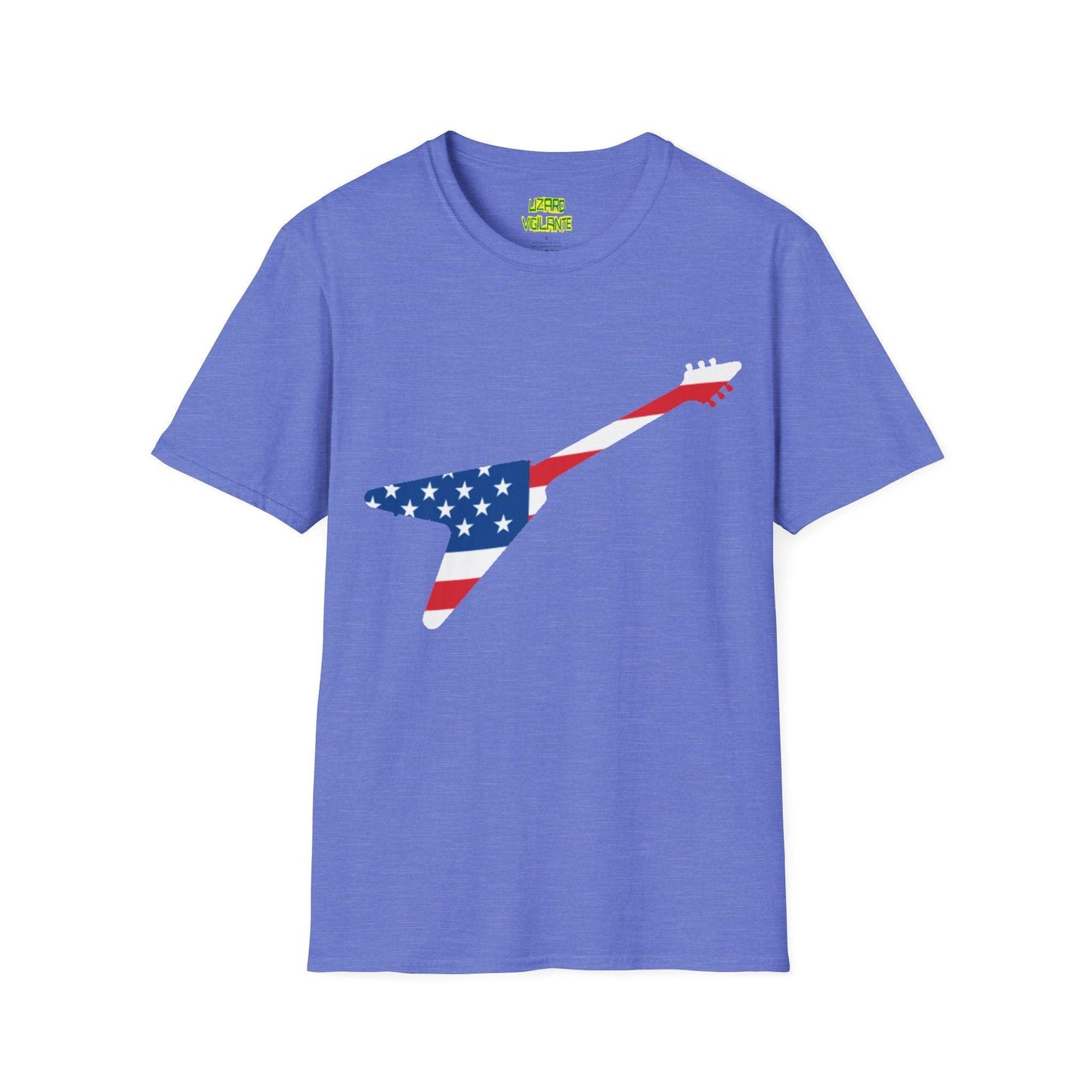 American Flag Colored Flying V Electric Guitar Unisex Softstyle T-Shirt - Lizard Vigilante