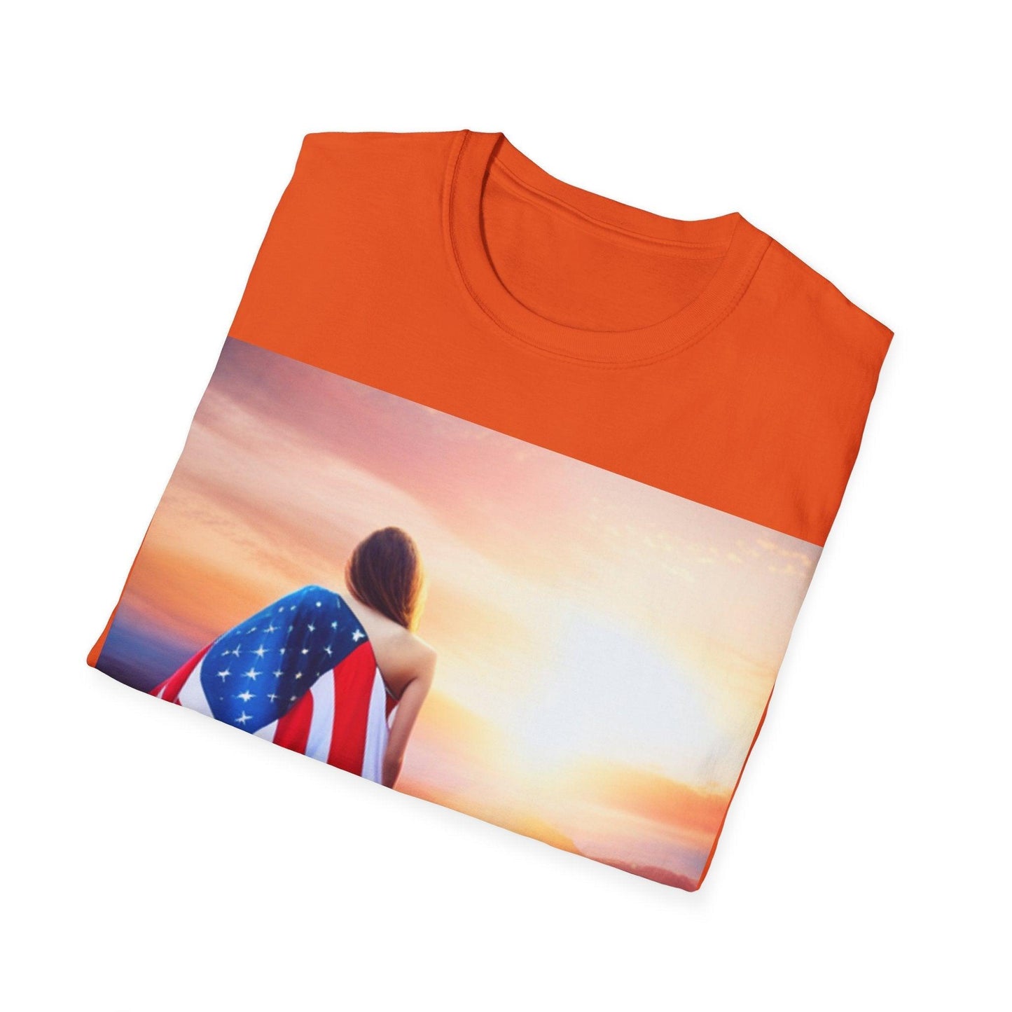 American Woman! Patriot Draped Red, White, and Blue Flag Over Shoulder Looking at Beautiful Horizon Unisex Softstyle T-Shirt - Lizard Vigilante