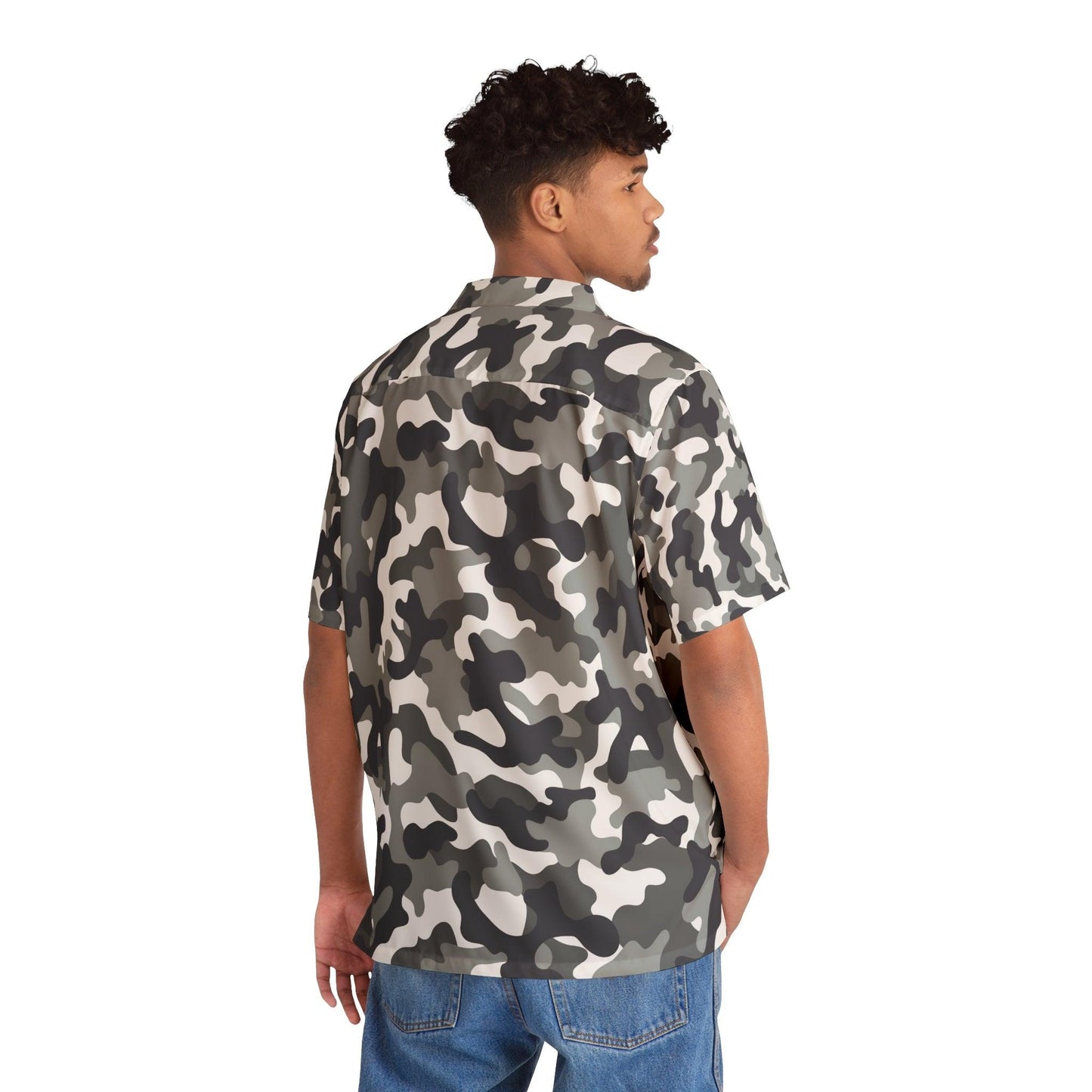 Men'sBlack White Grey Camo Hawaiian Shirt - Lizard Vigilante