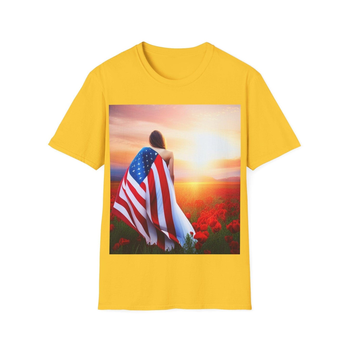 American Woman! Patriot Draped Red, White, and Blue Flag Over Shoulder Looking at Beautiful Horizon Unisex Softstyle T-Shirt - Lizard Vigilante