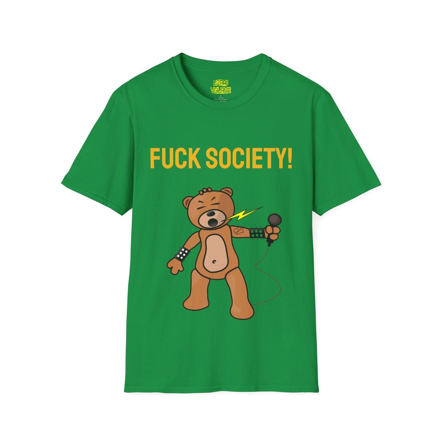 F&%K SOCIETY! Metal Bear Unisex Softstyle T-Shirt but it say the real word - Lizard Vigilante