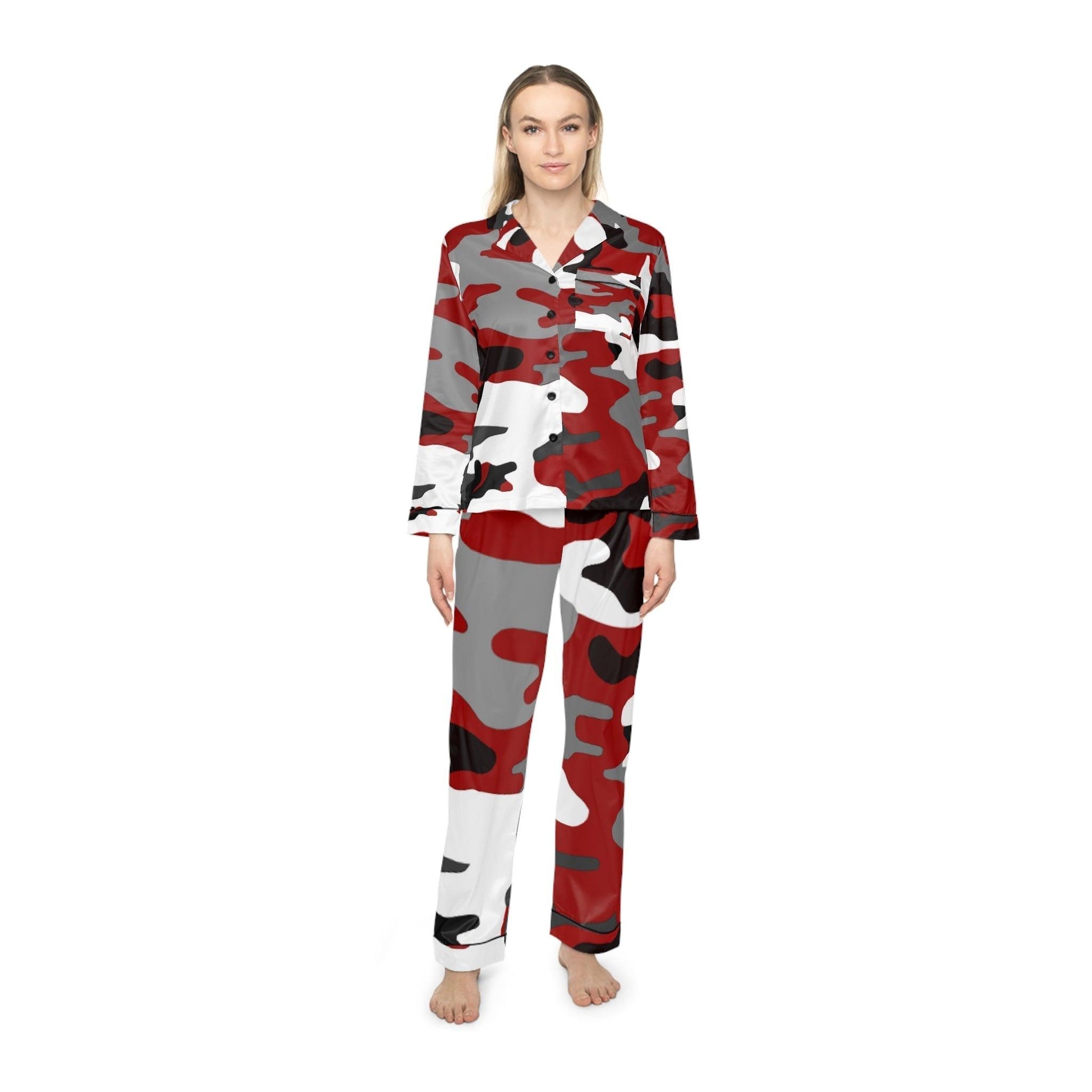 RED BLACK GREY White Camouflage Women's Satin Pajamas - Lizard Vigilante