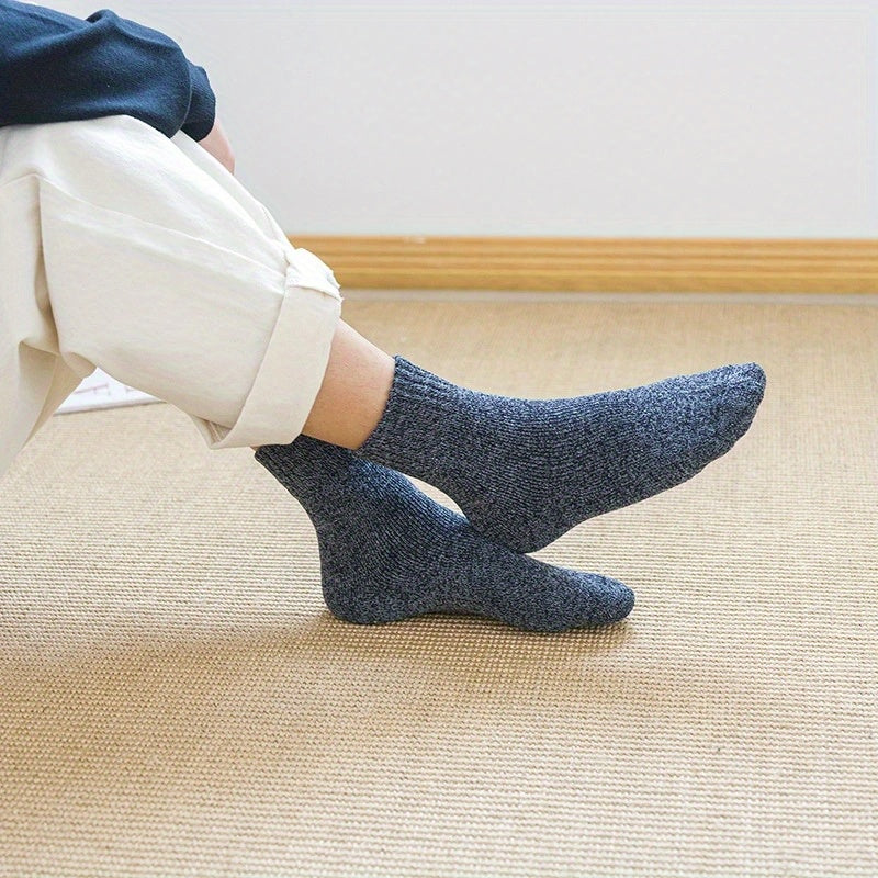 5pairs Socks Men's Winter Terry Socks Fleece Thickened Solid Color Mid Tube Socks Parallel Line Towel Socks Warm Floor Socks