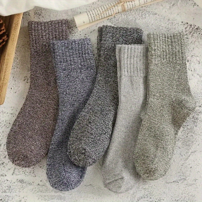5pairs Socks Men's Winter Terry Socks Fleece Thickened Solid Color Mid Tube Socks Parallel Line Towel Socks Warm Floor Socks