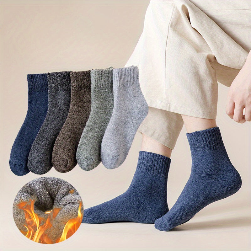 5pairs Socks Men's Winter Terry Socks Fleece Thickened Solid Color Mid Tube Socks Parallel Line Towel Socks Warm Floor Socks