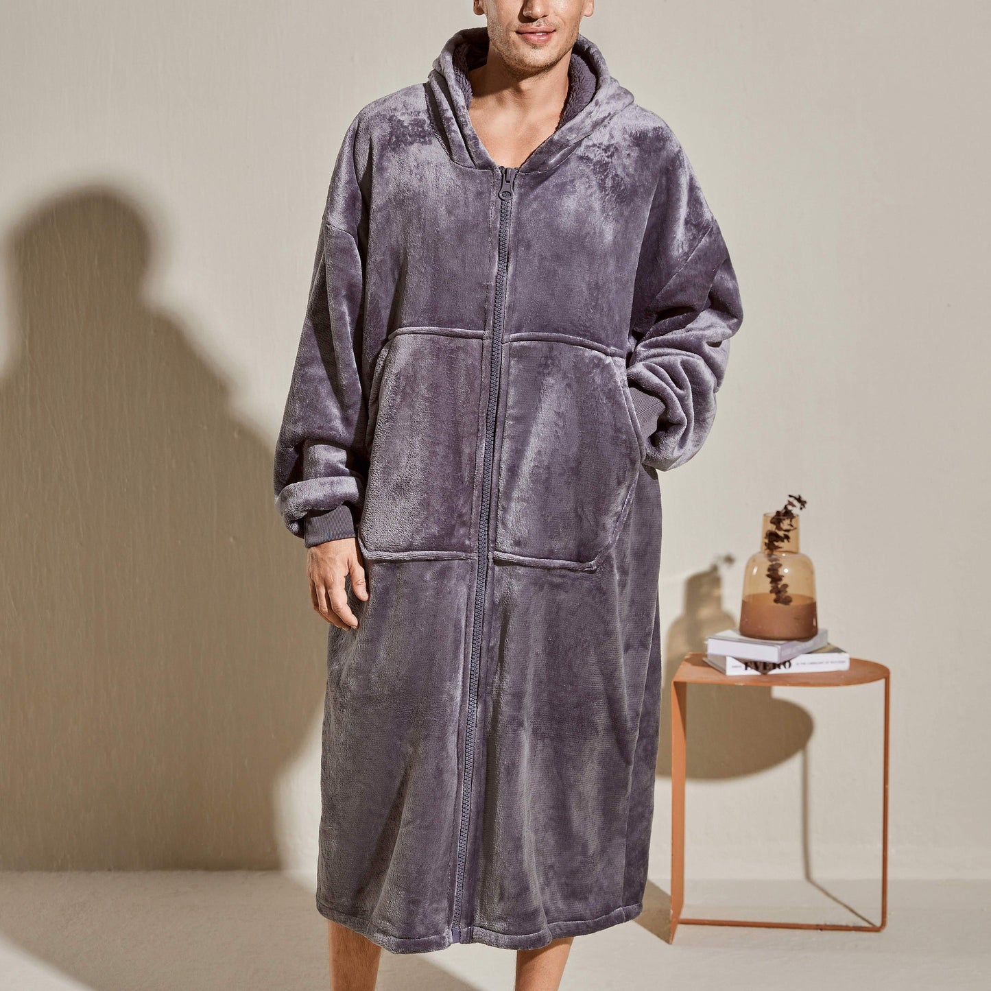 Men's Oversized Warm And Comfortable Flannel Blanket Robe, Long Sleeve Zipper Hoodie Sweatshirt Hooded Sleep Robe With Deep Pocket Pajamas Loungewear Robe For Autumn Winter