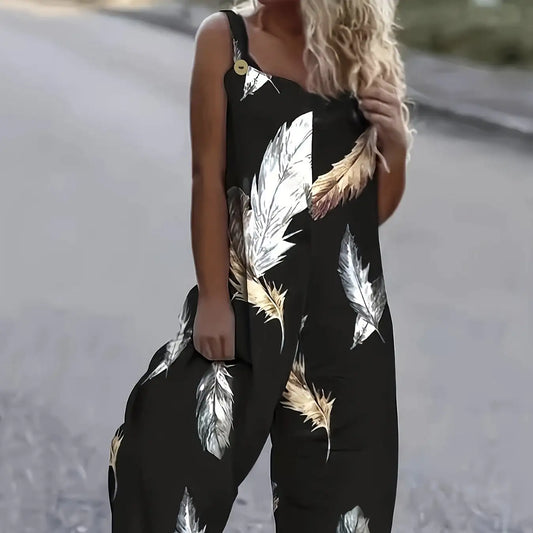 Women's Feather Print Ruffle Hem Pleated Fashionable Jumpsuit