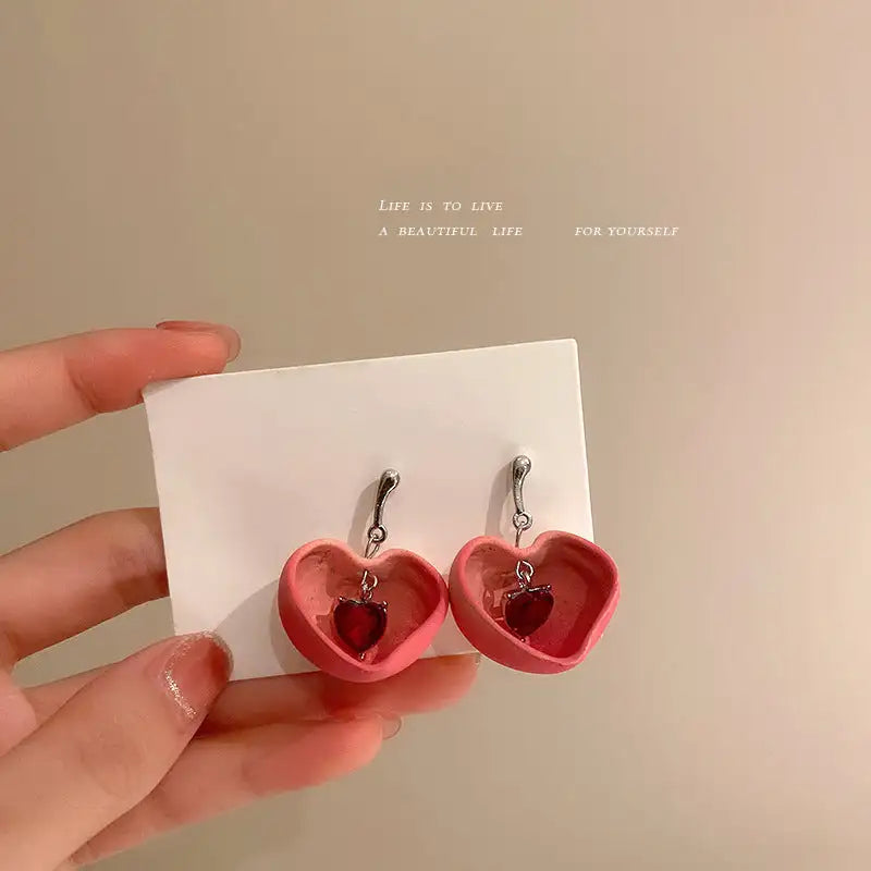 925 Silver Needle Crystal Love Sweet Peach Earrings