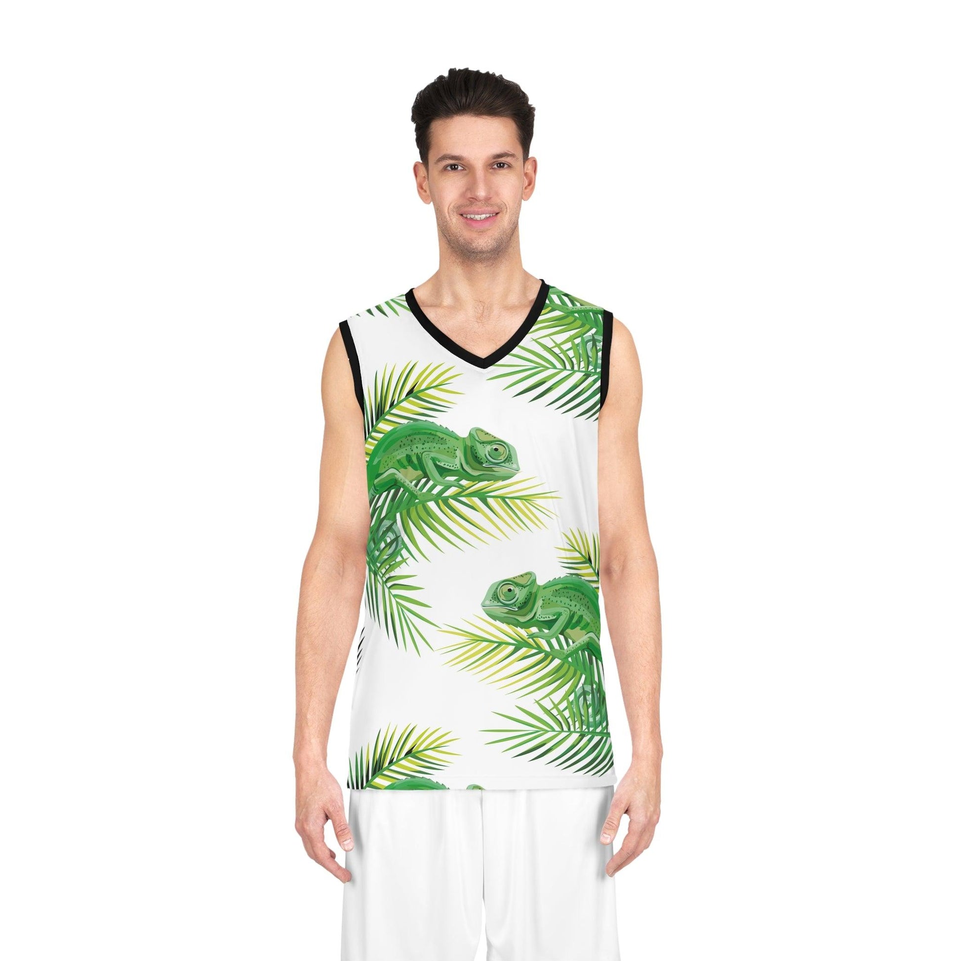 Chameleons on Banana Leaves Black Trim Basketball Jersey - Lizard Vigilante