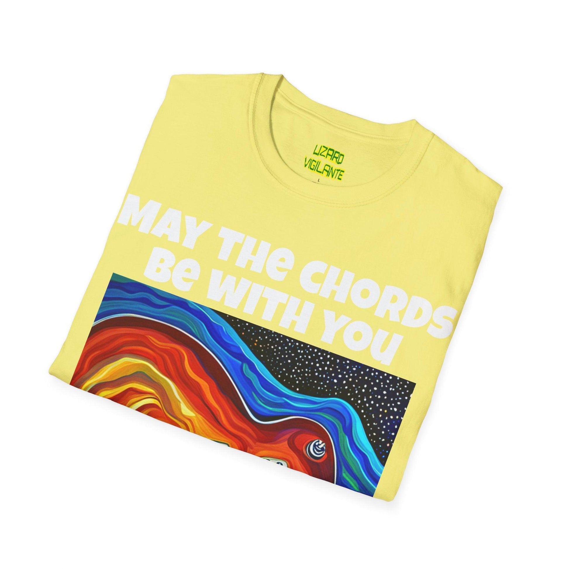 May The Chords Be With You Unisex Softstyle T-Shirt With Psychedelic Guitar Graphic - Lizard Vigilante