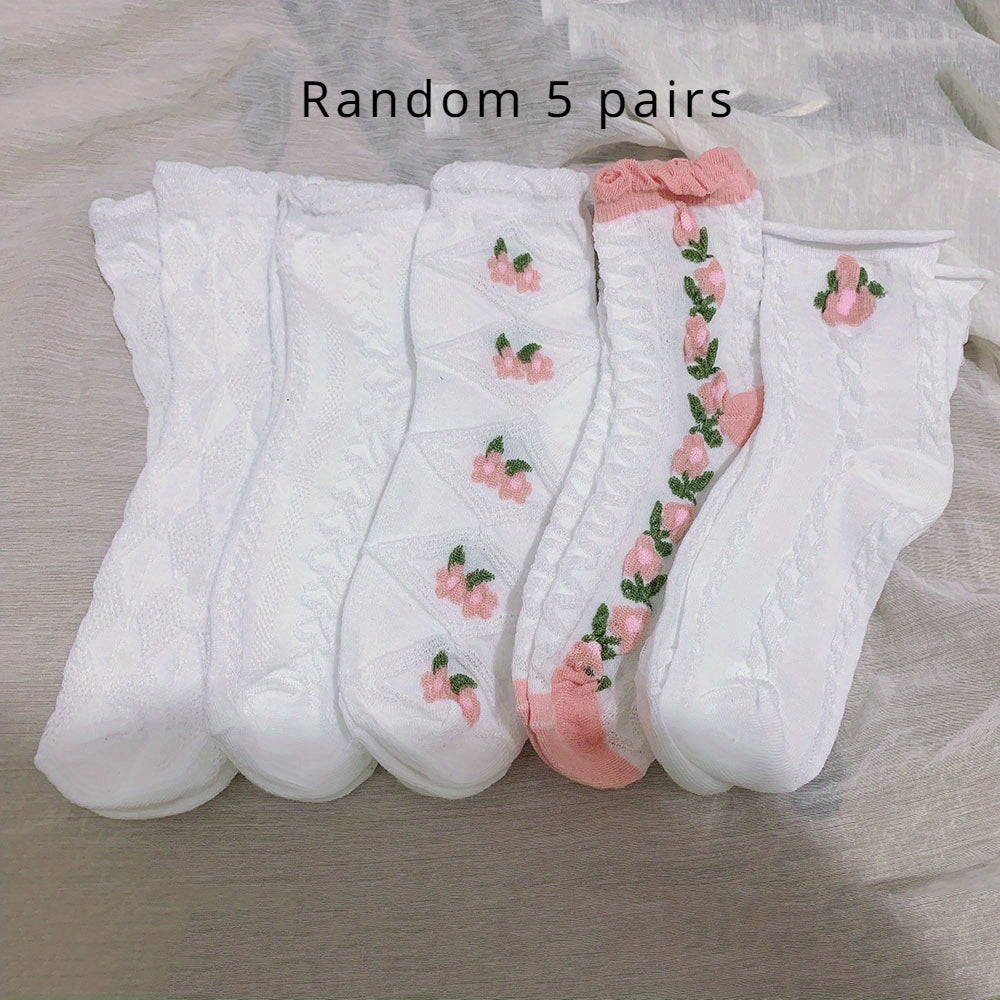 5 Pairs Floral Textured Socks, Cute & Soft Ruffle Trim Mid Tube Socks, Women's Stockings & Hosiery