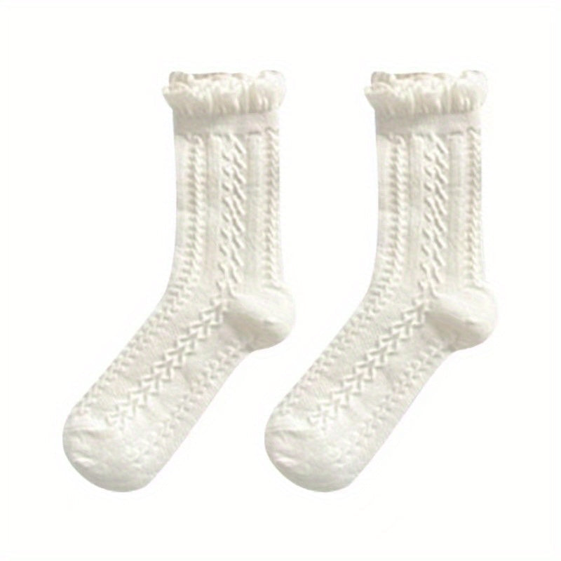 5 Pairs Floral Textured Socks, Cute & Soft Ruffle Trim Mid Tube Socks, Women's Stockings & Hosiery