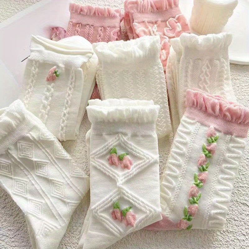 5 Pairs Floral Textured Socks, Cute & Soft Ruffle Trim Mid Tube Socks, Women's Stockings & Hosiery