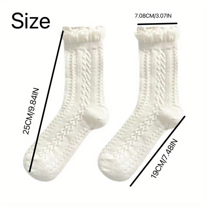 5 Pairs Floral Textured Socks, Cute & Soft Ruffle Trim Mid Tube Socks, Women's Stockings & Hosiery