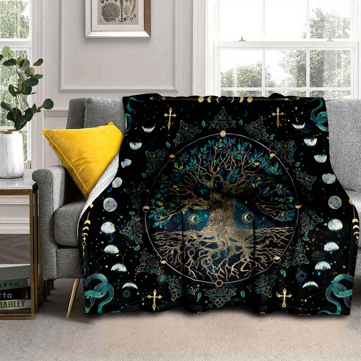 1pc Cozy Mysterious Moon Phase Tree Print Flannel Blanket, Soft Warm Throw Blanket Nap Blanket For Couch Sofa Office Bed Camping Travelling, Multi-purpose Holiday Gift Blanket