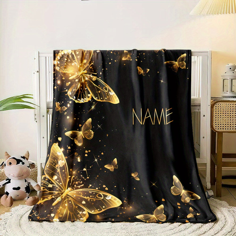 1pc Custom Name Blanket, Butterfly Personalization Lightweight Throw Blanket For Sofa, Bed, Travel, Camping, Living Room, Office, Couch, Chair, And Bed - Digital Printing Soft And Warm Flannel Fabric Blanket