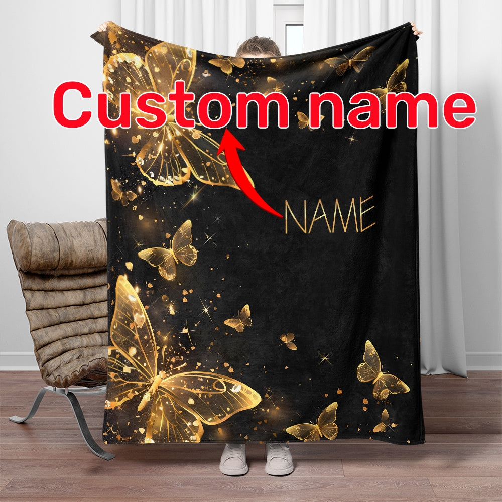 1pc Custom Name Blanket, Butterfly Personalization Lightweight Throw Blanket For Sofa, Bed, Travel, Camping, Living Room, Office, Couch, Chair, And Bed - Digital Printing Soft And Warm Flannel Fabric Blanket