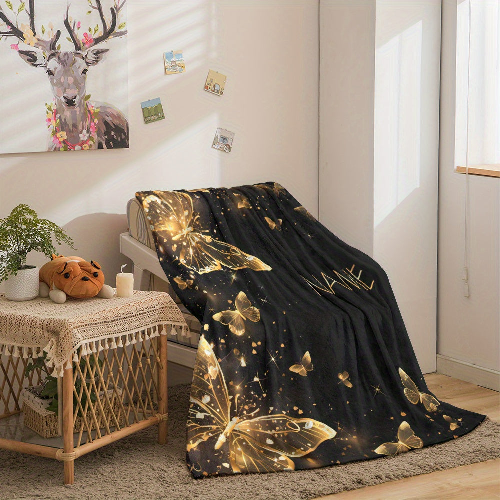 1pc Custom Name Blanket, Butterfly Personalization Lightweight Throw Blanket For Sofa, Bed, Travel, Camping, Living Room, Office, Couch, Chair, And Bed - Digital Printing Soft And Warm Flannel Fabric Blanket