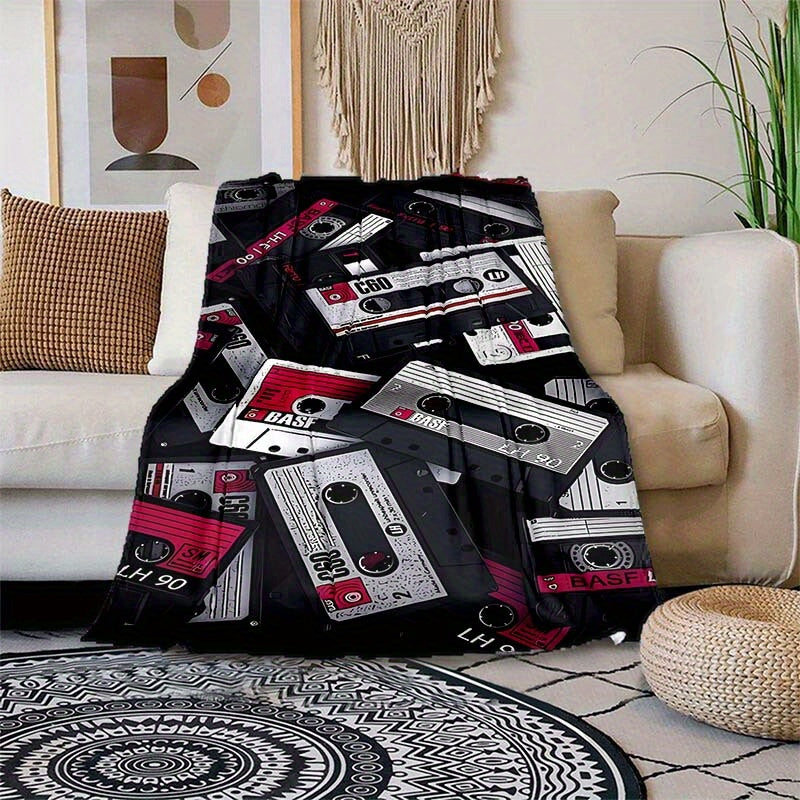 Retro Cassette Tape Design Soft Polyester Square Blanket for Sofa, Bed, Picnic, and Office Use - Comfortable and Cozy Art Print Throw Blanket
