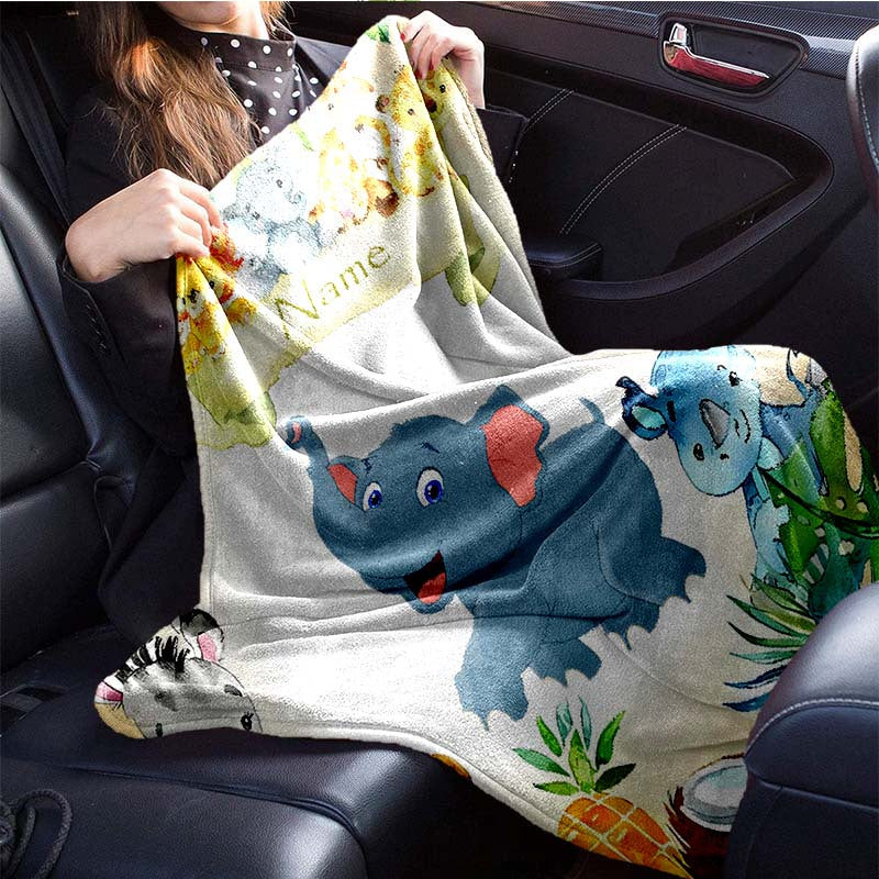 1pc Custom Your Name Blanket, Personalized Cute Elephant Animals Pattern Text Blanket, Outdoor Travel Leisure Four Seasons Nap Blanket, For Anniversary Gift