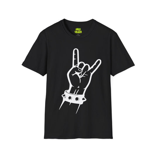 Metal Hand Gesture With Spiked Wristband Unisex Softstyle T-Shirt, White - Lizard Vigilante