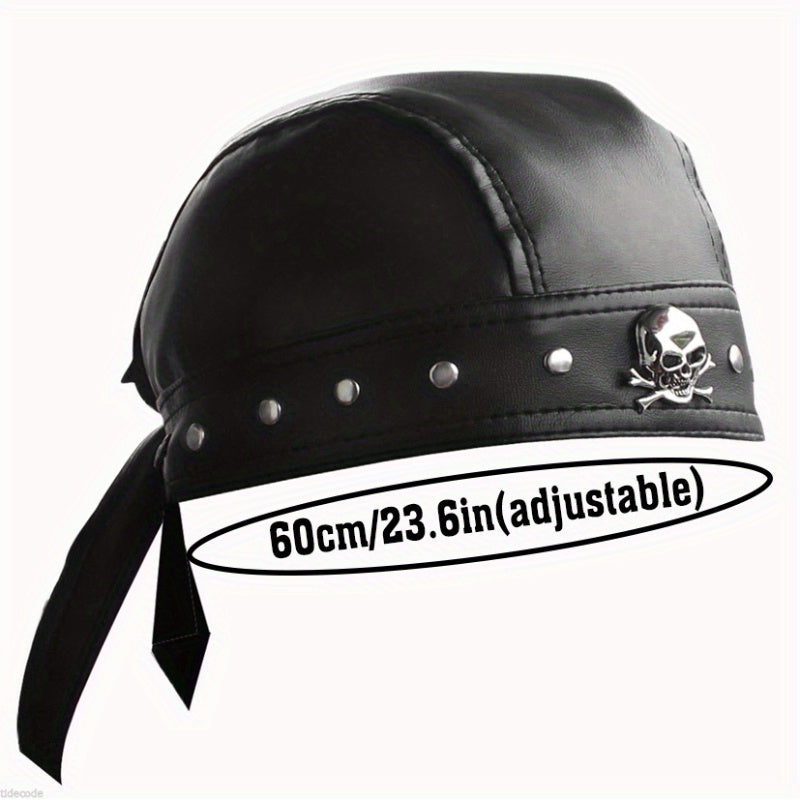 Retro Punk Motorcycle Bandana Cap – Adjustable PU Leather Rivet Tie Hat with Skull Accent, Helmet Liner, 60cm/23.6in - Premium Bandana from Lizard Vigilante - Just $23.99! Shop now at Lizard Vigilante