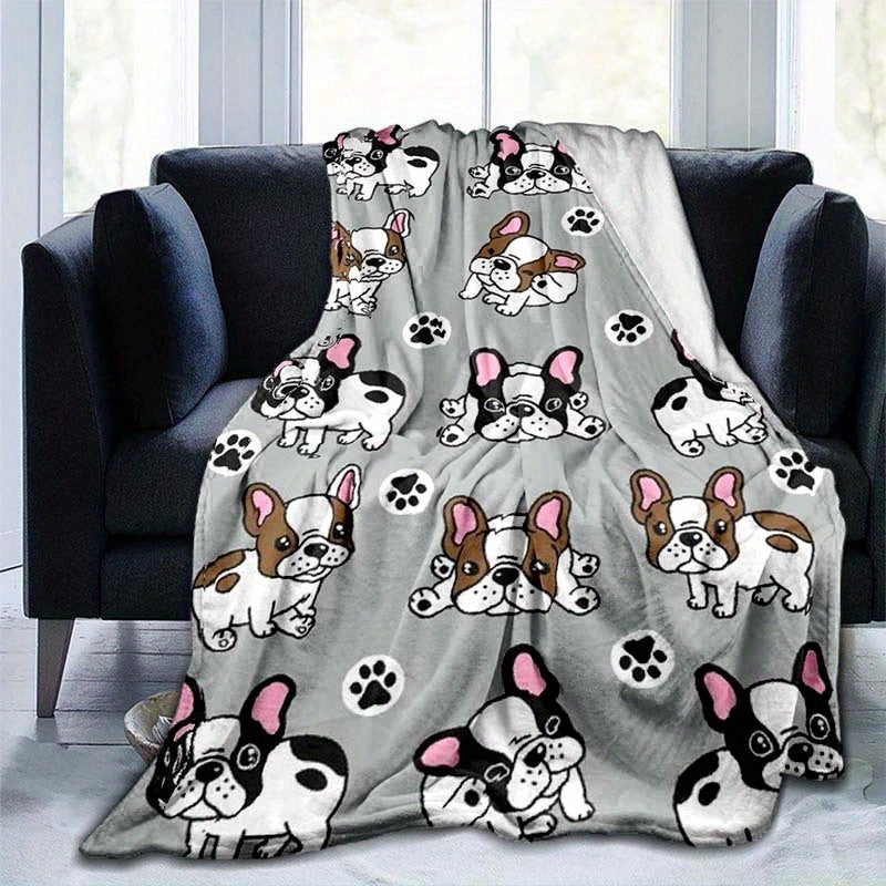 Cute Mini French Bulldog Pattern Four-Season Office Chair Blanket, Soft Polyester Material, Cozy and Lightweight, Perfect for Home or Office Use, Durable and Machine Washable, 100% Polyester Composition, Adorable Dog Design