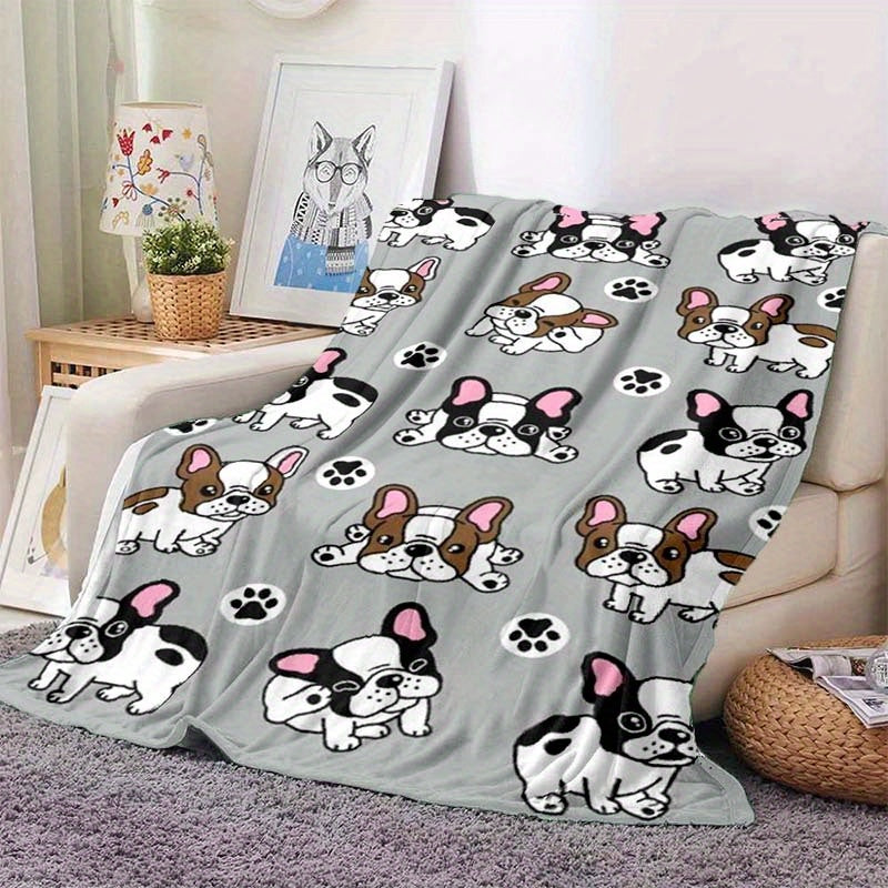 Cute Mini French Bulldog Pattern Four-Season Office Chair Blanket, Soft Polyester Material, Cozy and Lightweight, Perfect for Home or Office Use, Durable and Machine Washable, 100% Polyester Composition, Adorable Dog Design