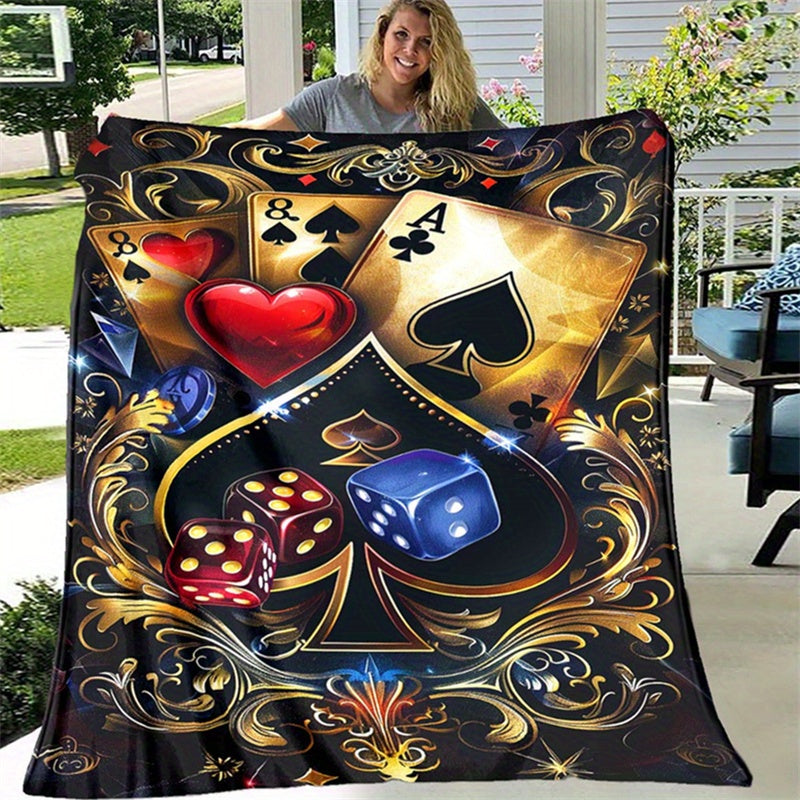Retro Poker and Dice Design Polyester Blanket - 100% Plush Material, Warm, Lightweight, Versatile for Sofa, Bed, Travel, Picnic, Multipurpose Rectangle Chair Mat with Large Coverage Area Over 2.16m² and Longest Side Exceedin