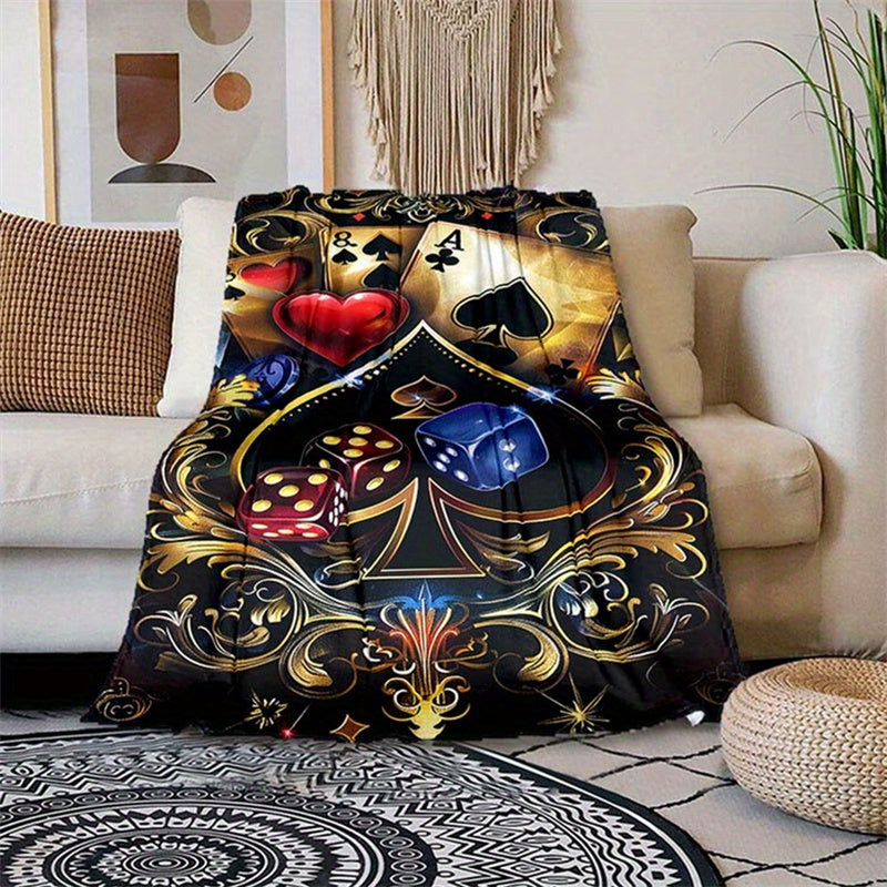 Retro Poker and Dice Design Polyester Blanket - 100% Plush Material, Warm, Lightweight, Versatile for Sofa, Bed, Travel, Picnic, Multipurpose Rectangle Chair Mat with Large Coverage Area Over 2.16m² and Longest Side Exceedin