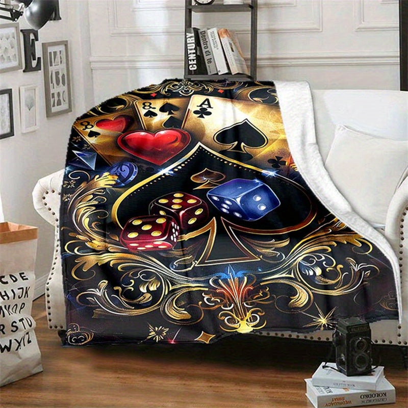Retro Poker and Dice Design Polyester Blanket - 100% Plush Material, Warm, Lightweight, Versatile for Sofa, Bed, Travel, Picnic, Multipurpose Rectangle Chair Mat with Large Coverage Area Over 2.16m² and Longest Side Exceedin