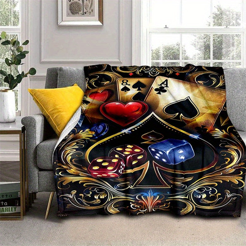 Retro Poker and Dice Design Polyester Blanket - 100% Plush Material, Warm, Lightweight, Versatile for Sofa, Bed, Travel, Picnic, Multipurpose Rectangle Chair Mat with Large Coverage Area Over 2.16m² and Longest Side Exceedin